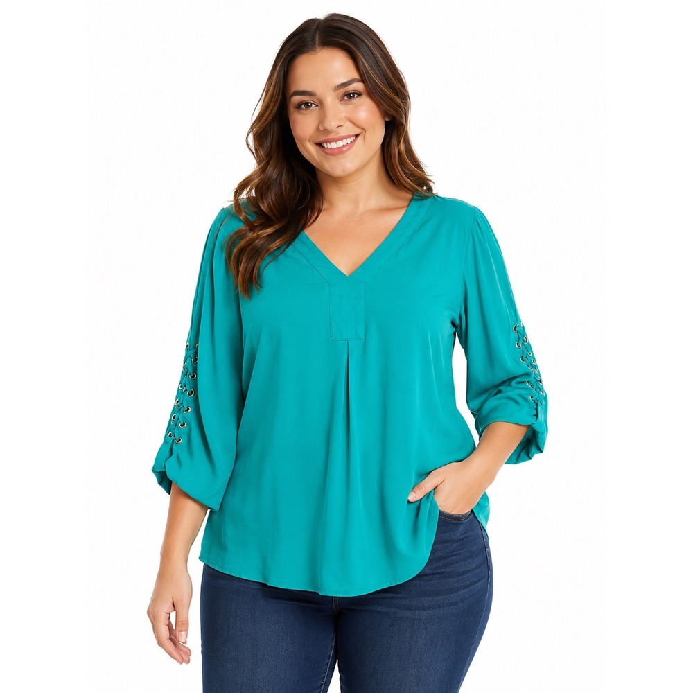 Chico's Teal Green‎ Cold Shoulder Lace Up Grommet V-Neck Blouse Size 2 Large